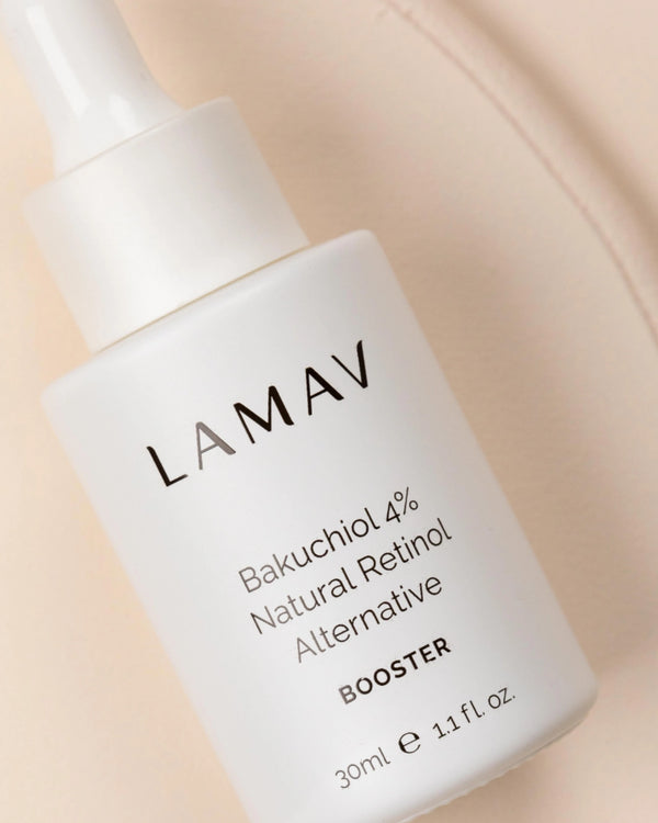 Bakuchiol 4% Natural Retinol Alternative by LAMAV — close up of the white bottle text label | Improves skin elasticity