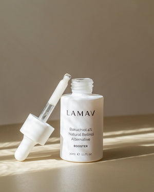 Bakuchiol 4% Natural Retinol Alternative by LAMAV — open white bottle with dropper | Plant based anti-aging