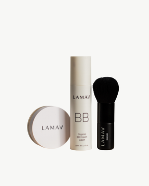 Be Beautiful Collection by LAMAV — mineral powder compact, BB cream tube, and kabuki brush, front view | flawless complexion kit