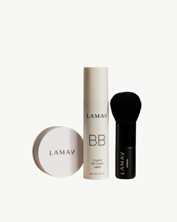 Be Beautiful Collection by LAMAV — mineral powder compact, BB cream tube, and kabuki brush, front view | flawless complexion kit