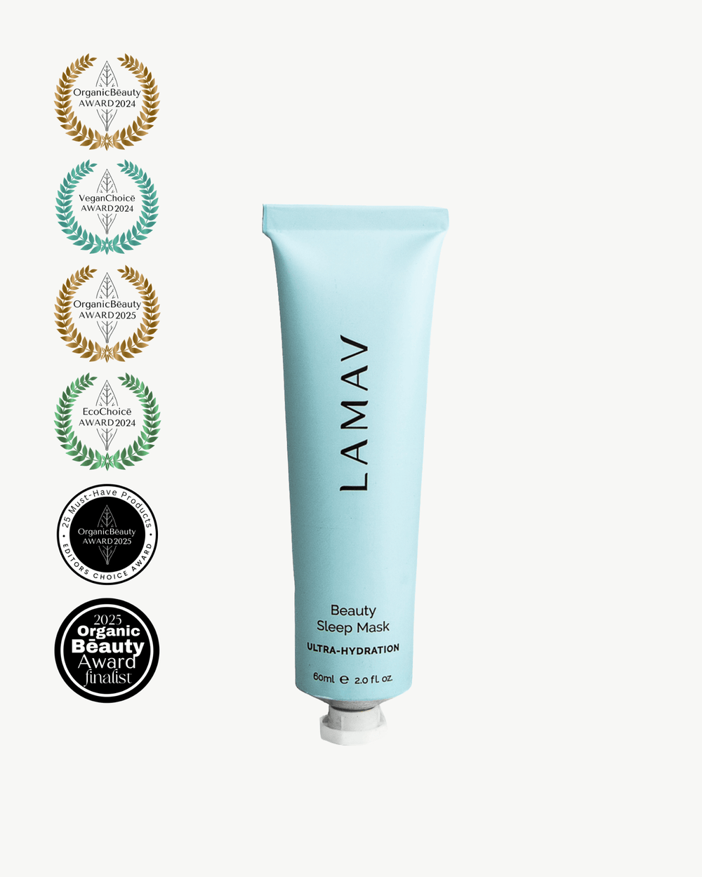 Beauty Sleep Mask by LAMAV — blue tube with five organic and vegan beauty awards | overnight ultra-hydration