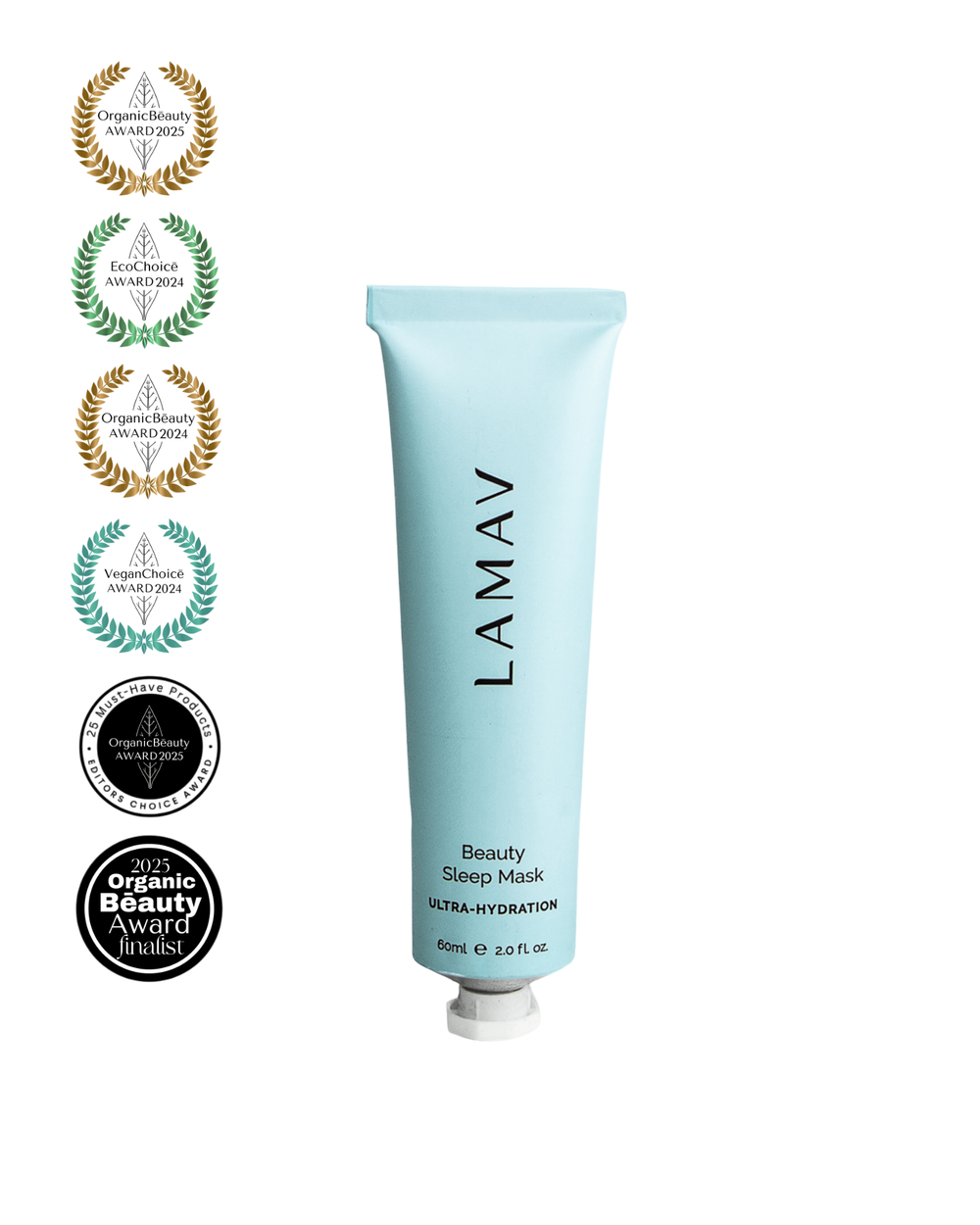Beauty Sleep Mask by LAMAV — blue tube with five organic and vegan beauty awards | overnight ultra-hydration