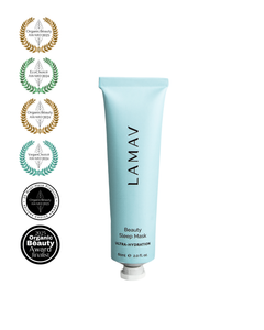 Beauty Sleep Mask by LAMAV — blue tube with five organic and vegan beauty awards | overnight ultra-hydration