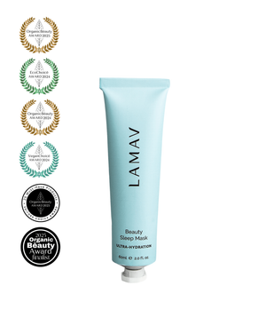 Beauty Sleep Mask by LAMAV — blue tube with five organic and vegan beauty awards | overnight ultra-hydration
