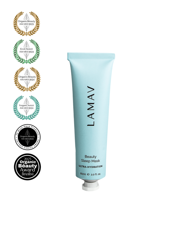 Beauty Sleep Mask by LAMAV — blue tube with five organic and vegan beauty awards | overnight ultra-hydration