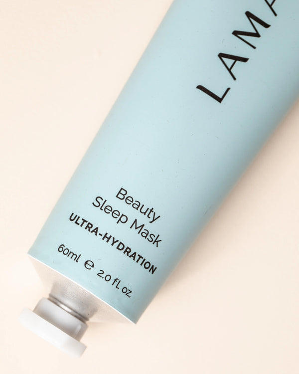 Beauty Sleep Mask by LAMAV — close up of the blue tube label and cap | Ultra-hydration for a radiant morning