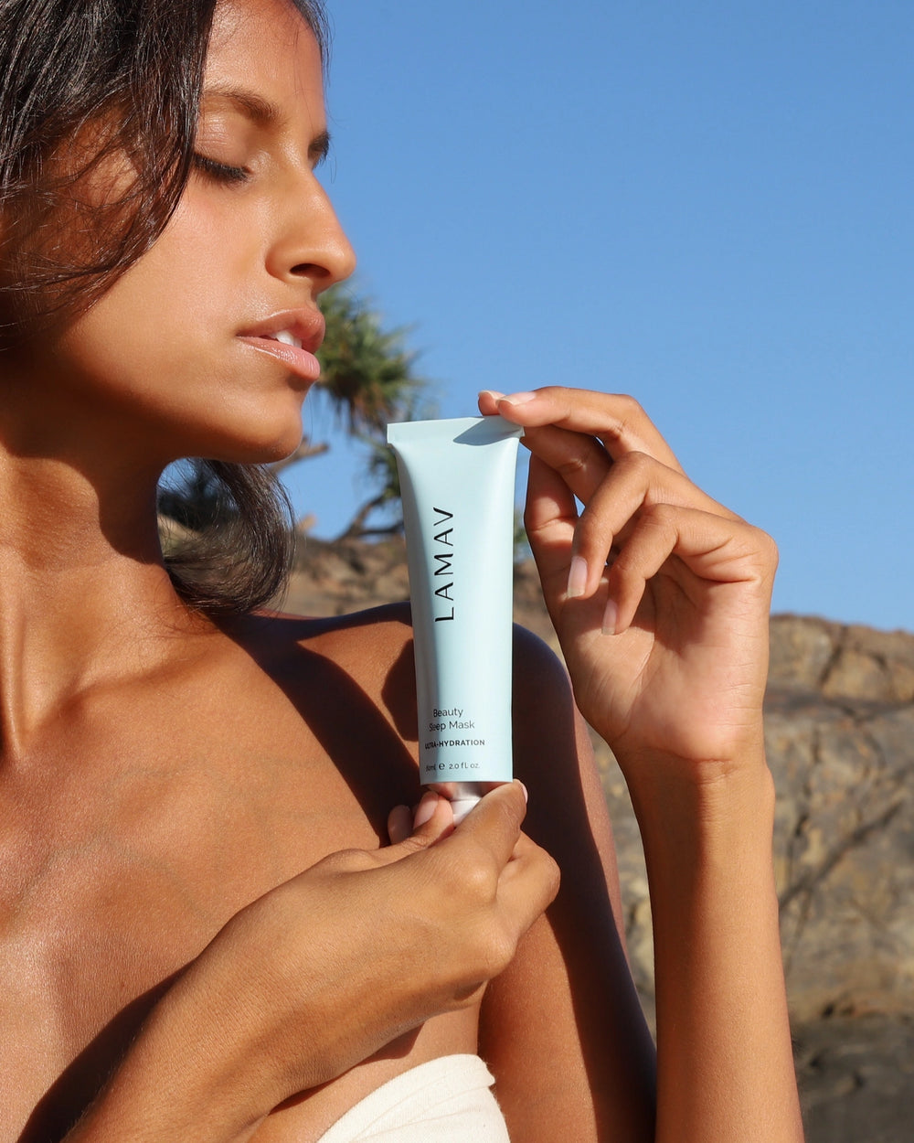 Beauty Sleep Mask by LAMAV — blue tube with five organic and vegan beauty awards | overnight ultra-hydration