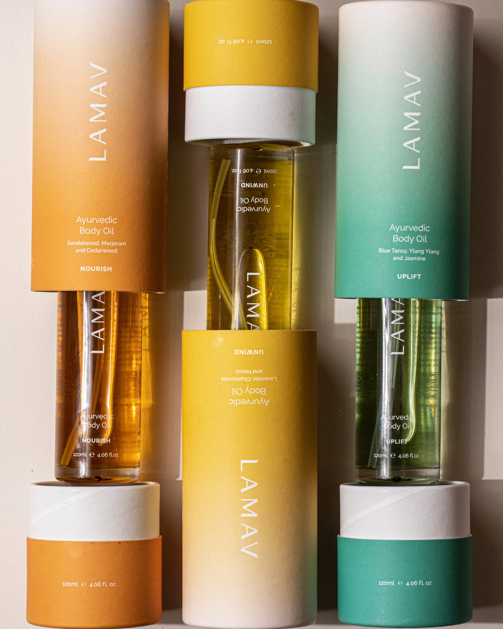 Body Oil Trio by LAMAV — three glass bottles standing in a row | Complete collection for daily nourishment