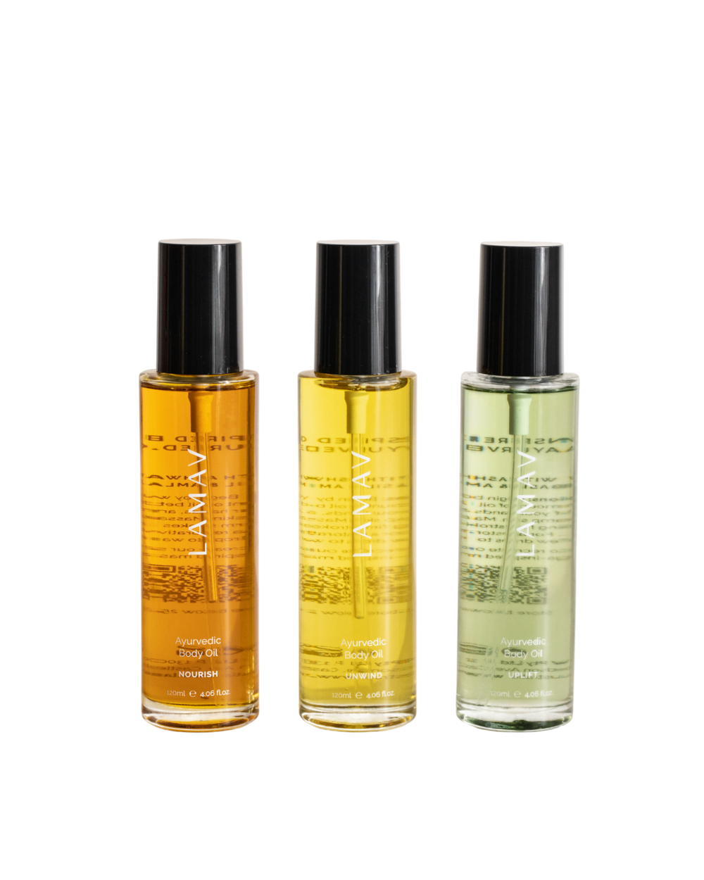 Body Oil Trio by LAMAV — three glass bottles standing in a row | Complete collection for daily nourishment