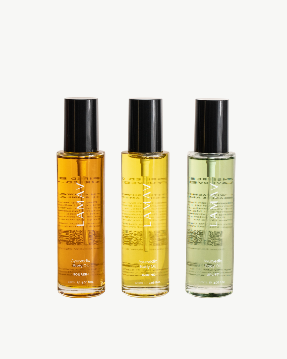 Body Oil Trio by LAMAV — three glass bottles standing in a row | Complete collection for daily nourishment