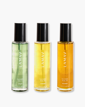 Body Oil Trio by LAMAV — three glass bottles standing in a row | Complete collection for daily nourishment