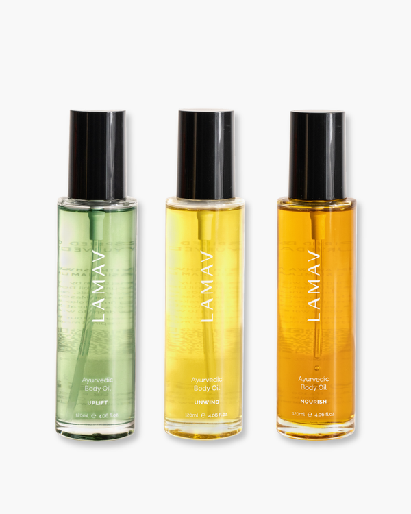 Body Oil Trio by LAMAV — three glass bottles standing in a row | Complete collection for daily nourishment