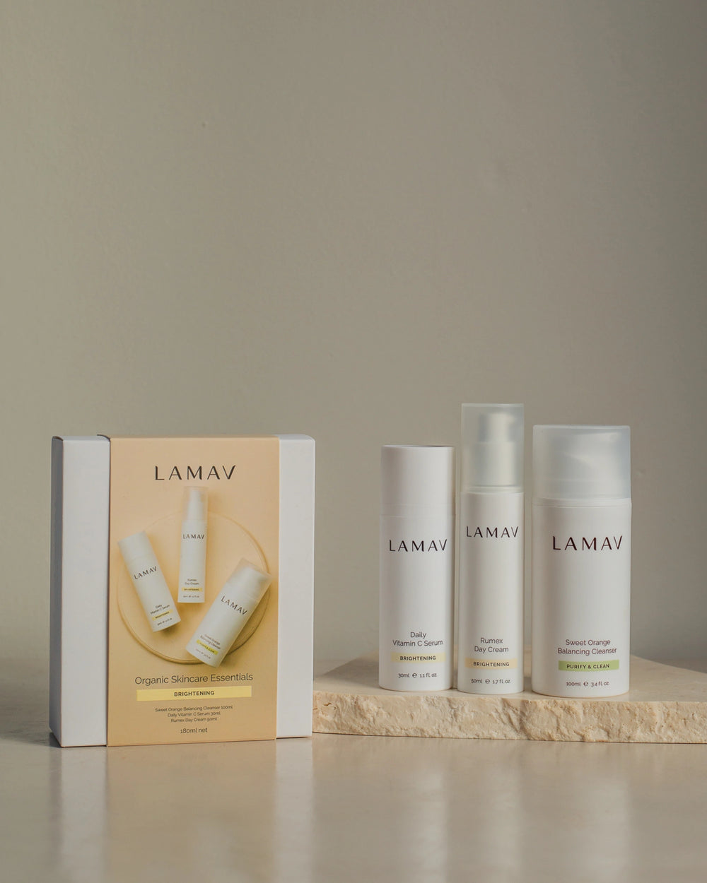 Brightening Organic Skincare Essentials by LAMAV — three brightening skincare products side by side, front view | luminous glow routine