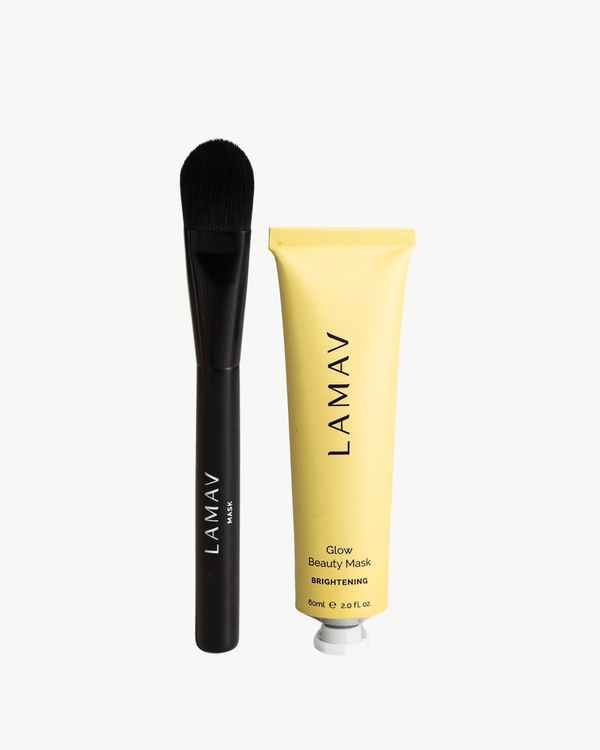Brightening Mask Bundle by LAMAV — mask application brush next to a yellow tube | restores radiant glowing skin