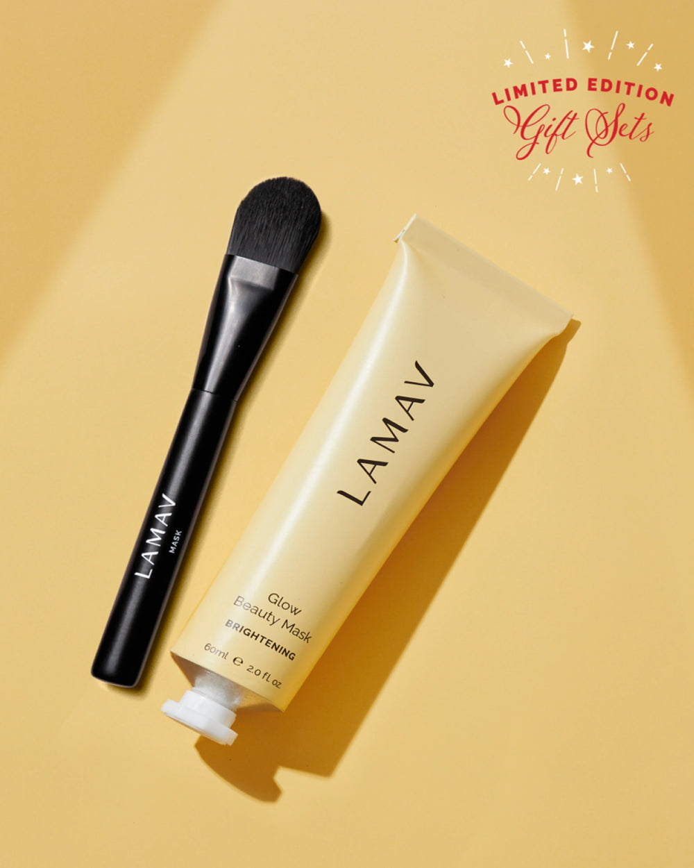 Brightening Mask Bundle by LAMAV — mask application brush next to a yellow tube | restores radiant glowing skin