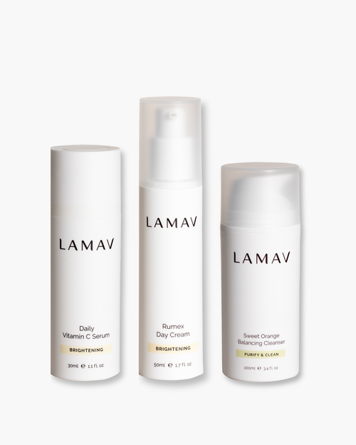 Brightening Organic Skincare Essentials by LAMAV — three brightening skincare products side by side, front view | luminous glow routine