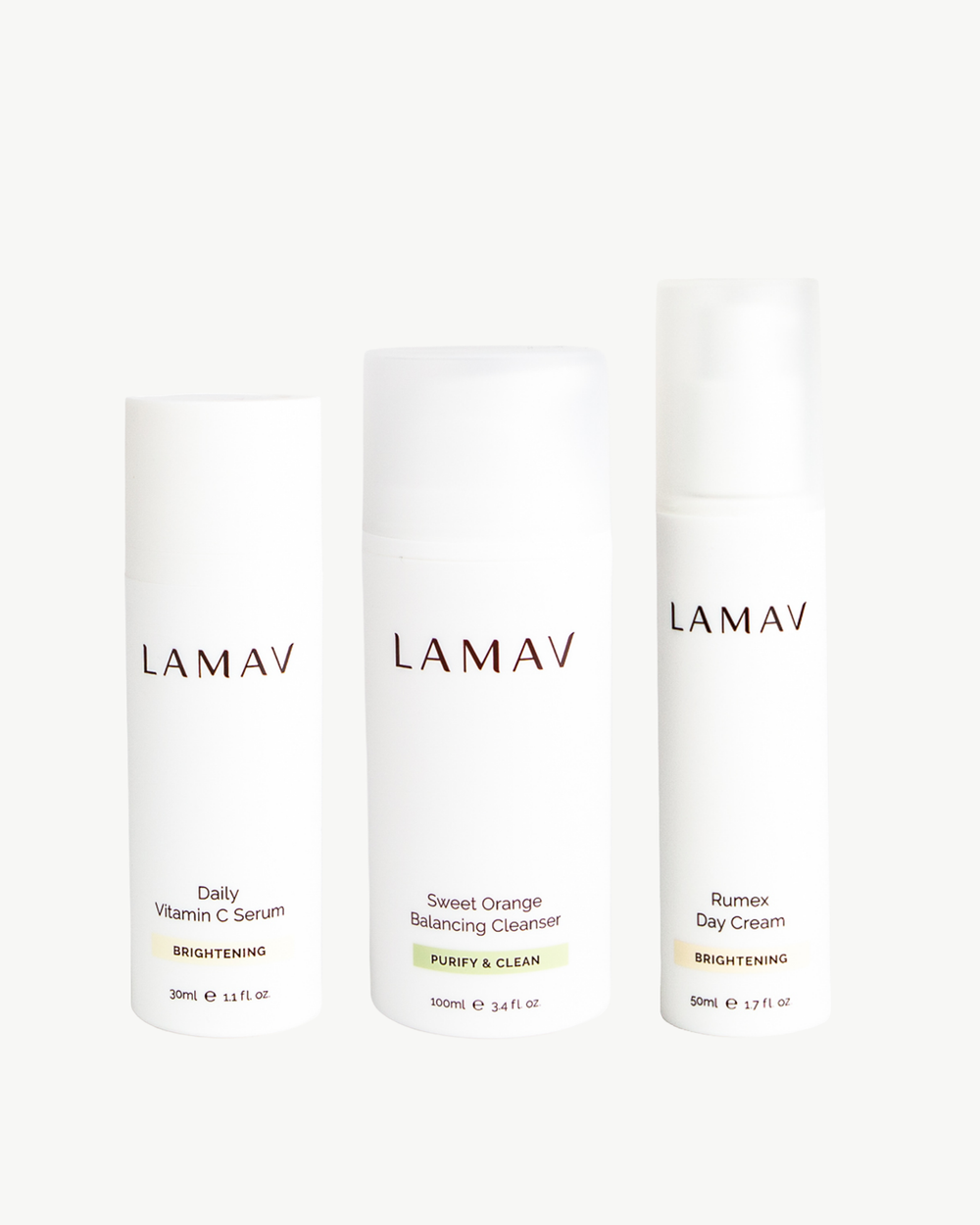 Brightening Organic Skincare Essentials by LAMAV — three brightening skincare products side by side, front view | luminous glow routine