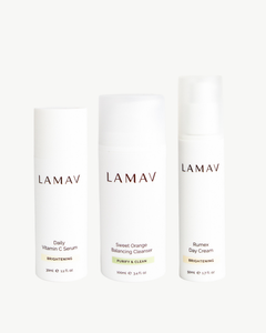 Brightening Organic Skincare Essentials by LAMAV — three brightening skincare products side by side, front view | luminous glow routine
