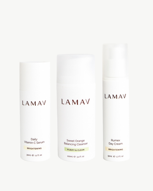 Brightening Organic Skincare Essentials by LAMAV — three brightening skincare products side by side, front view | luminous glow routine