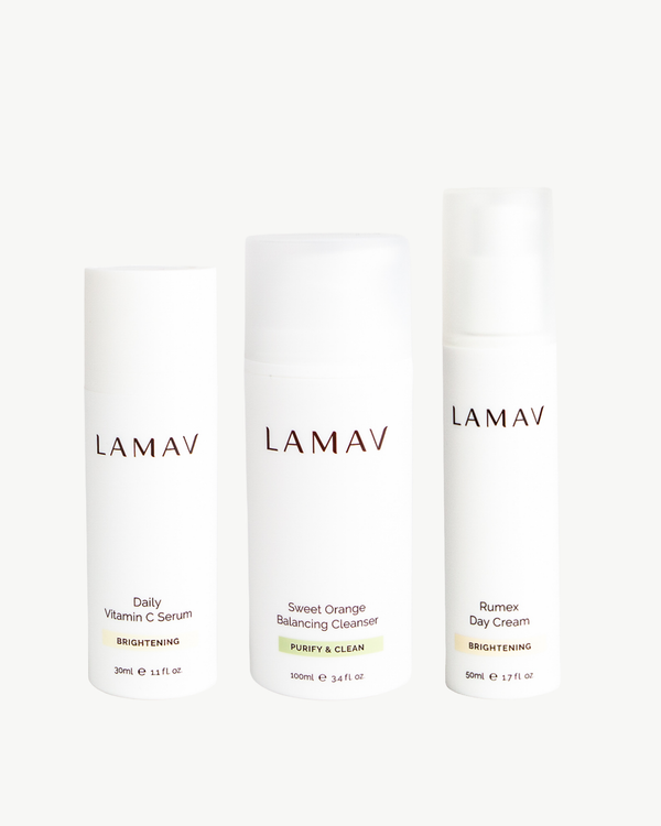 Brightening Organic Skincare Essentials by LAMAV — three brightening skincare products side by side, front view | luminous glow routine