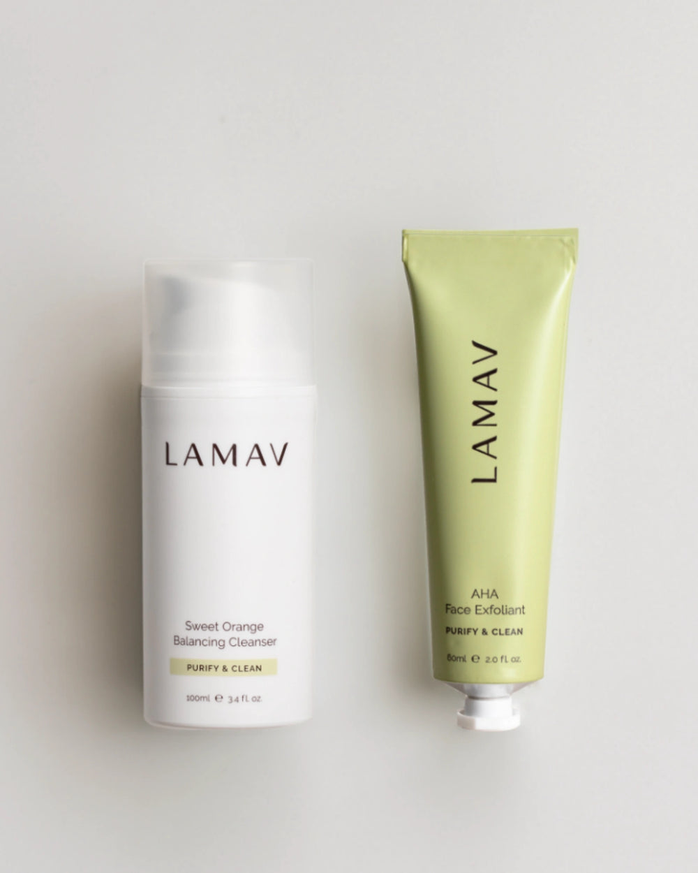 Cleanse and Polish Pack by LAMAV — front view of white cleanser and green exfoliant tube | balances and refines texture