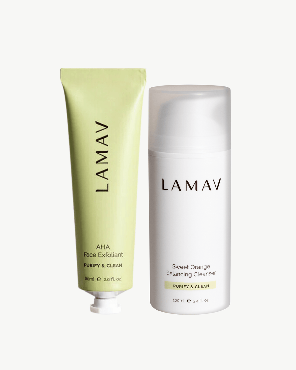Cleanse and Polish Pack by LAMAV — front view of white cleanser and green exfoliant tube | balances and refines texture