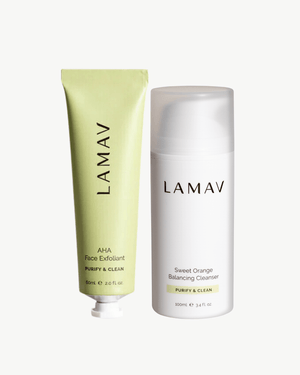 Cleanse and Polish Pack by LAMAV — front view of white cleanser and green exfoliant tube | balances and refines texture