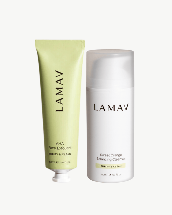 Cleanse and Polish Pack by LAMAV — front view of white cleanser and green exfoliant tube | balances and refines texture