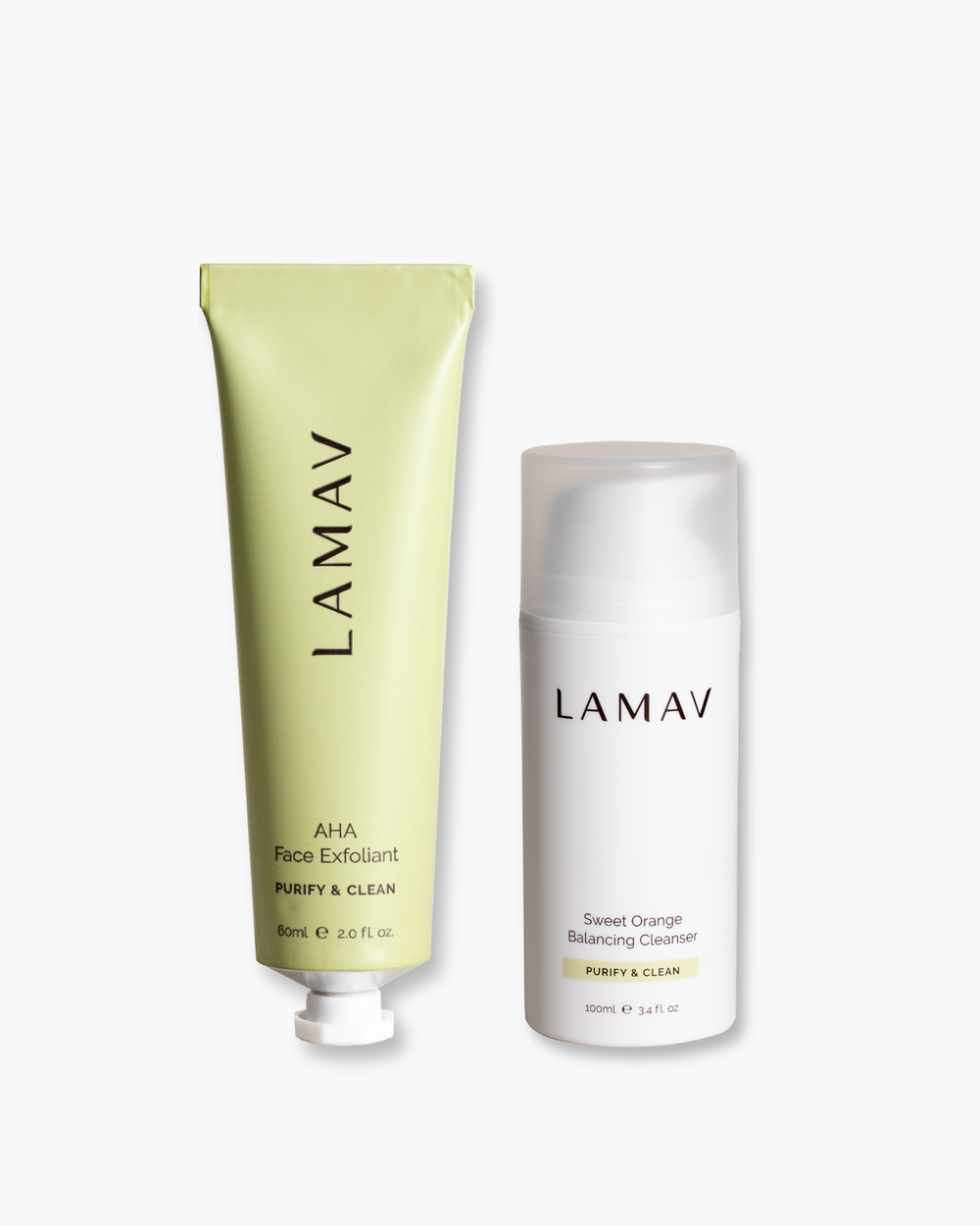 Cleanse and Polish Pack by LAMAV — front view of white cleanser and green exfoliant tube | balances and refines texture
