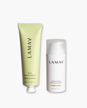 Cleanse and Polish Pack by LAMAV — front view of white cleanser and green exfoliant tube | balances and refines texture