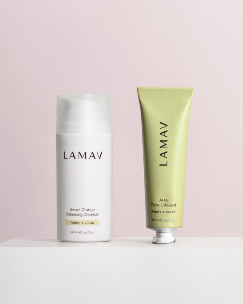 Cleanse and Polish Pack by LAMAV — front view of white cleanser and green exfoliant tube | balances and refines texture