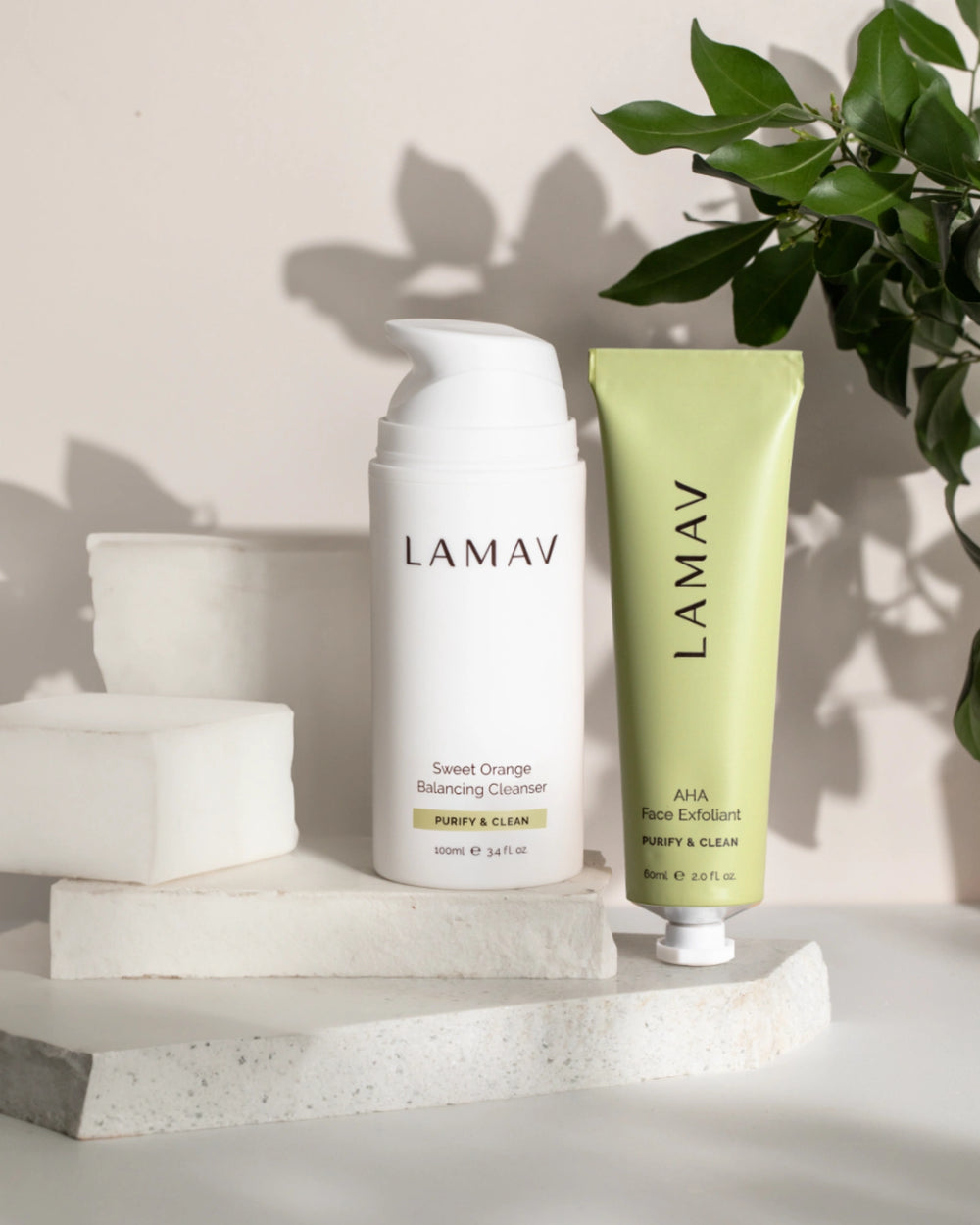 Cleanse and Polish Pack by LAMAV — front view of white cleanser and green exfoliant tube | balances and refines texture