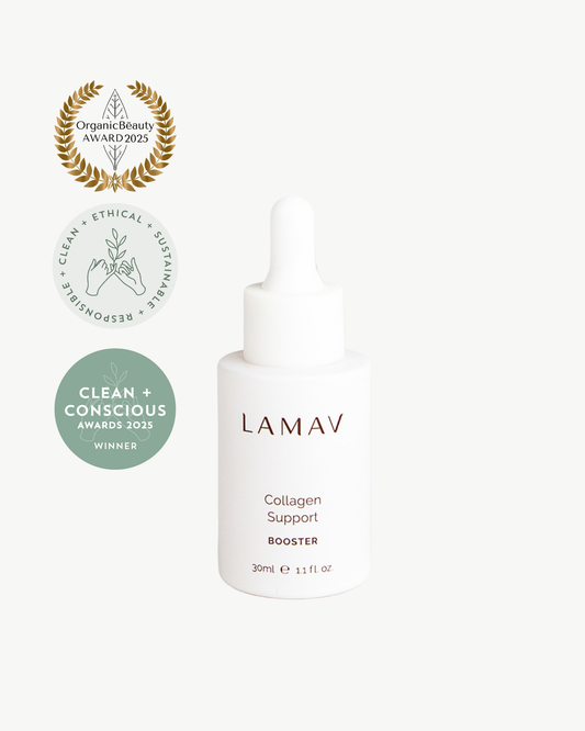 Collagen Support Booster by LAMAV — white dropper bottle with three beauty awards | improves skin elasticity