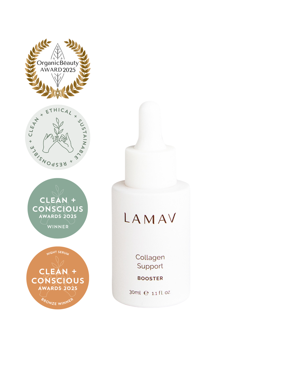 Collagen Support Booster by LAMAV — white dropper bottle with three beauty awards | improves skin elasticity
