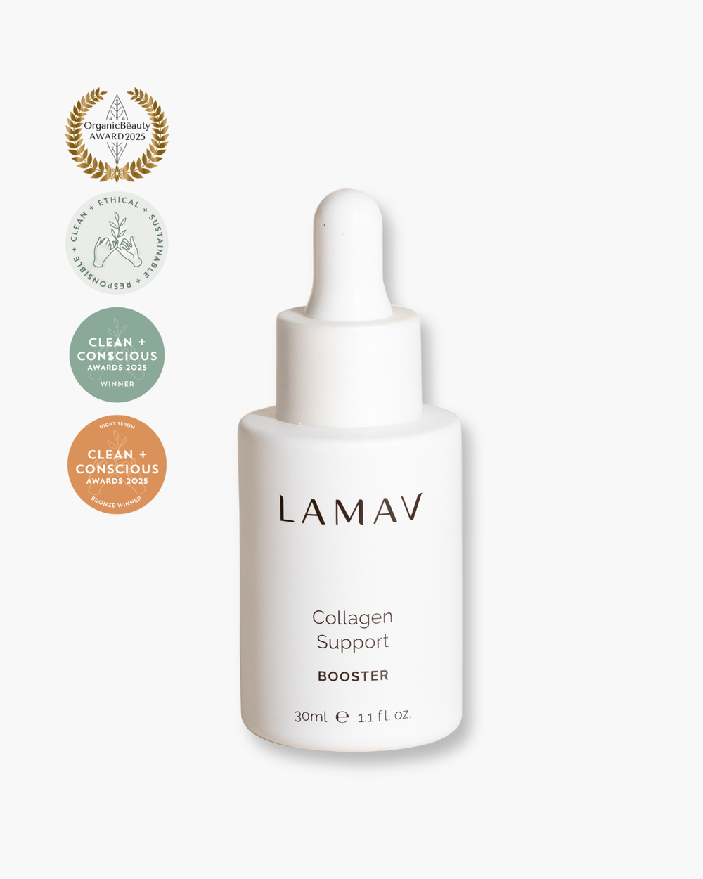 Collagen Support Booster by LAMAV — white dropper bottle with three beauty awards | improves skin elasticity