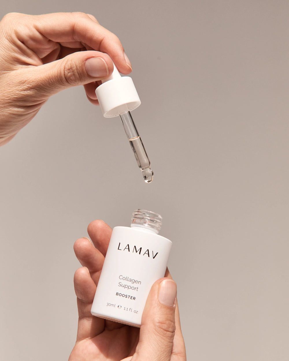 Collagen Support Booster by LAMAV — white dropper bottle with three beauty awards | improves skin elasticity