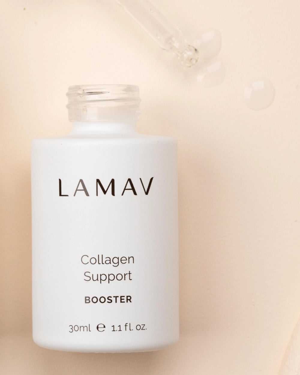 Collagen Support Booster by LAMAV — white dropper bottle with three beauty awards | improves skin elasticity