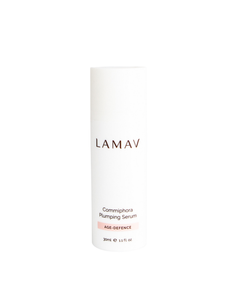 Commiphora Plumping Serum by LAMAV — white bottle with an organic beauty award badge | plumps and firms skin