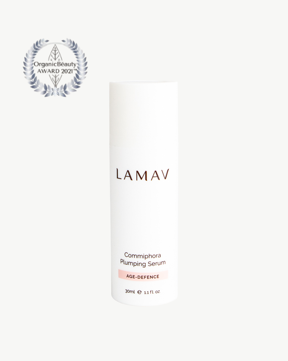 Commiphora Plumping Serum by LAMAV — white bottle with an organic beauty award badge | plumps and firms skin