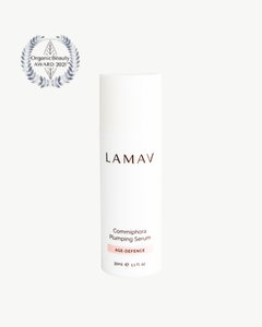 Commiphora Plumping Serum by LAMAV — white bottle with an organic beauty award badge | plumps and firms skin