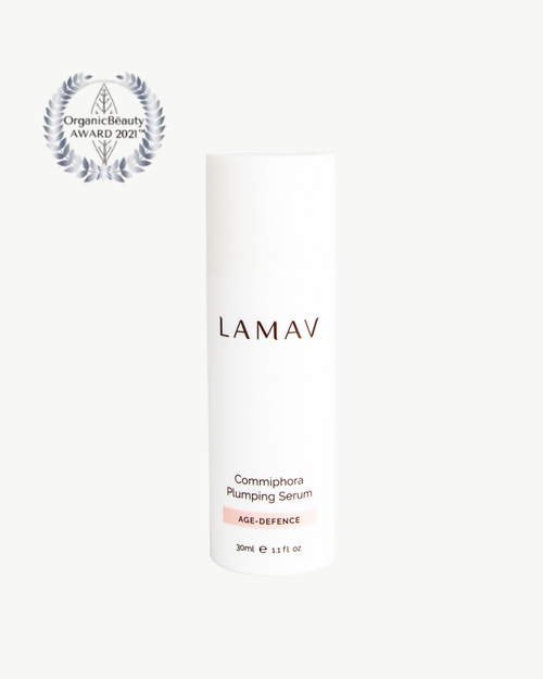 Commiphora Plumping Serum by LAMAV — white bottle with an organic beauty award badge | plumps and firms skin