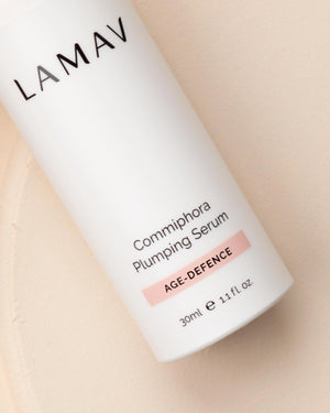 Commiphora Plumping Serum by LAMAV — close up of the age-defence bottle label | Boosts collagen and elasticity