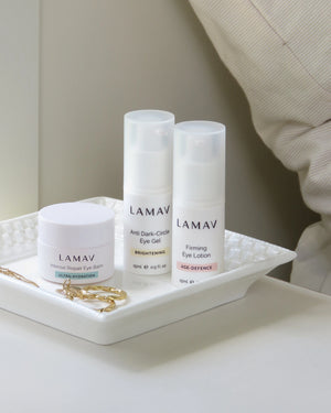 Complete Eye Care Collection by LAMAV — three products on a white bedside tray with jewelry | ultra-hydrating routine