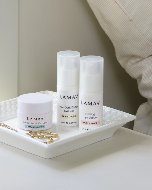 Complete Eye Care Collection by LAMAV — three products on a white bedside tray with jewelry | ultra-hydrating routine