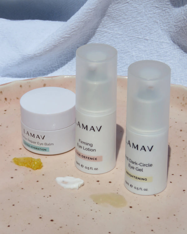 Complete Eye Care Collection by LAMAV — three bottles resting on a beige ceramic plate with swatches | Revitalize the eye contour