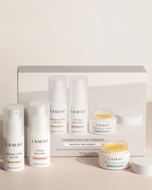 Complete Eye Care Collection by LAMAV — products and box with an open balm jar | targets fine lines and puffiness