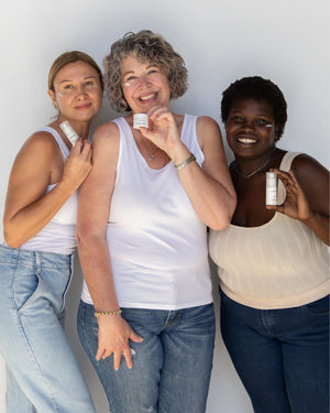 Complete Eye Care Collection by LAMAV — three smiling women holding the products | visibly firms and brightens eye area