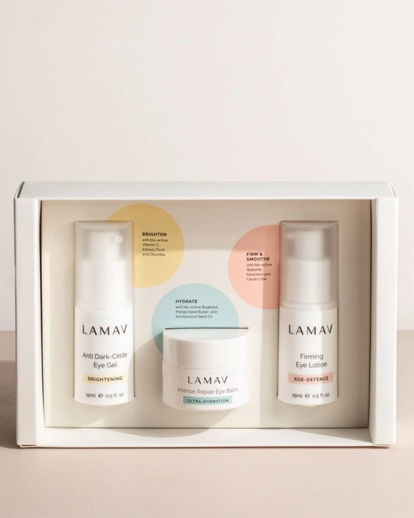 Complete Eye Care Collection by LAMAV — open white gift box showing the three eye care products | The perfect skincare gift