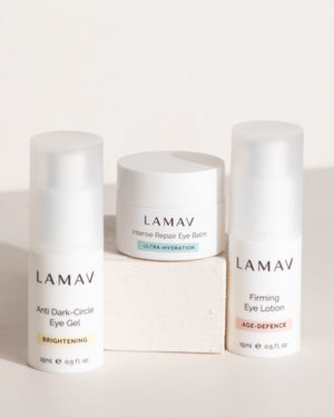 Complete Eye Care Collection by LAMAV — three eye products displayed on a small white stone block | anti-aging eye defence
