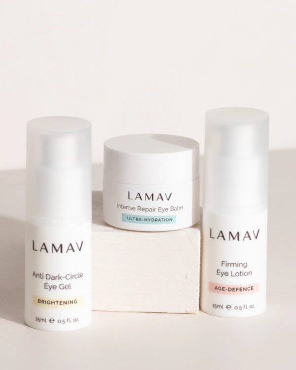 Complete Eye Care Collection by LAMAV — three eye products displayed on a small white stone block | anti-aging eye defence
